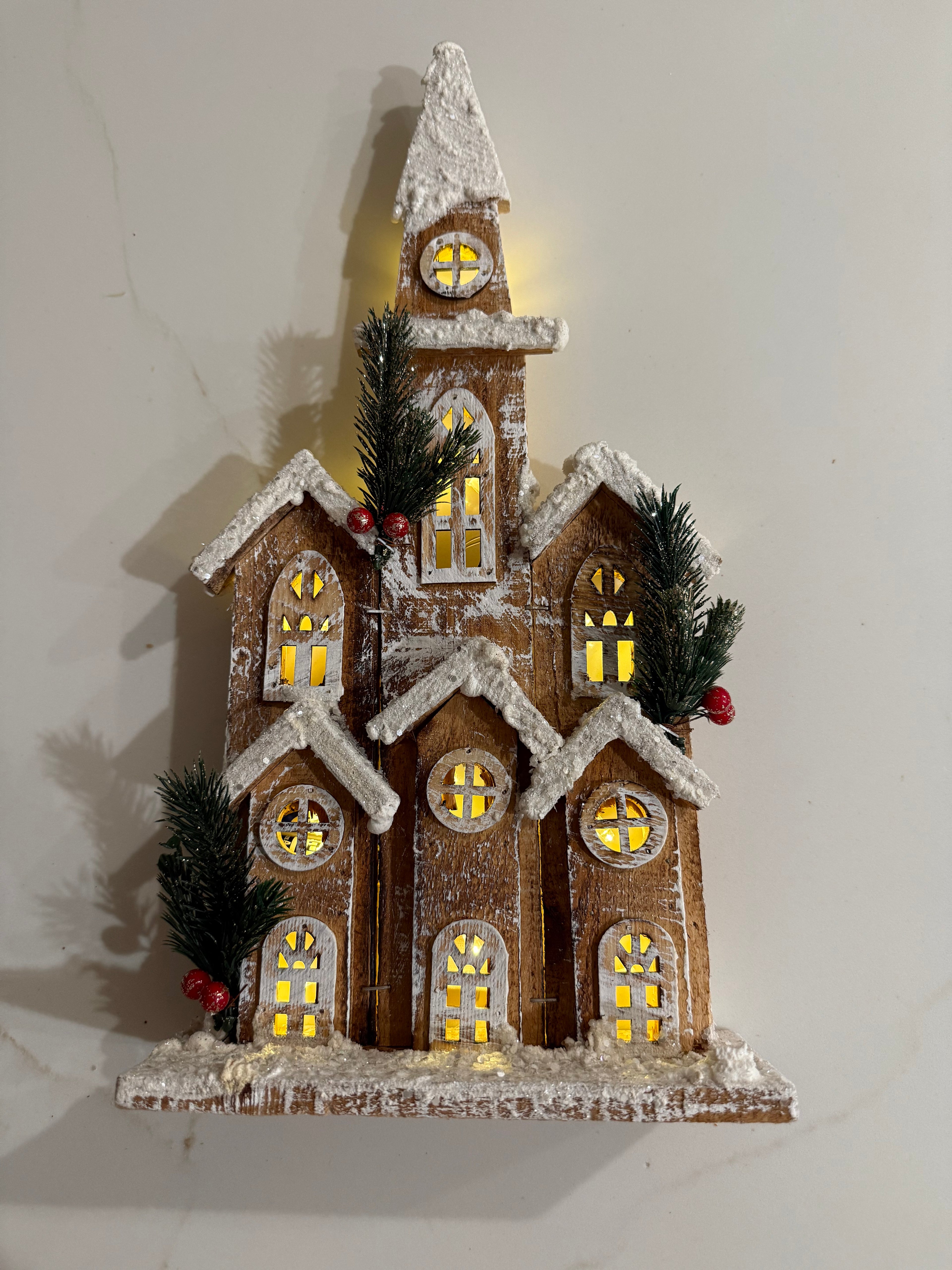 Wooden Church House with Light 43cm